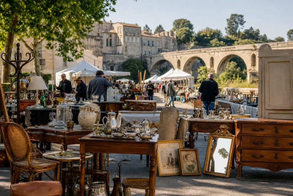shoppers browsing antique and vintage market stalls at Brocante de Sommière in France