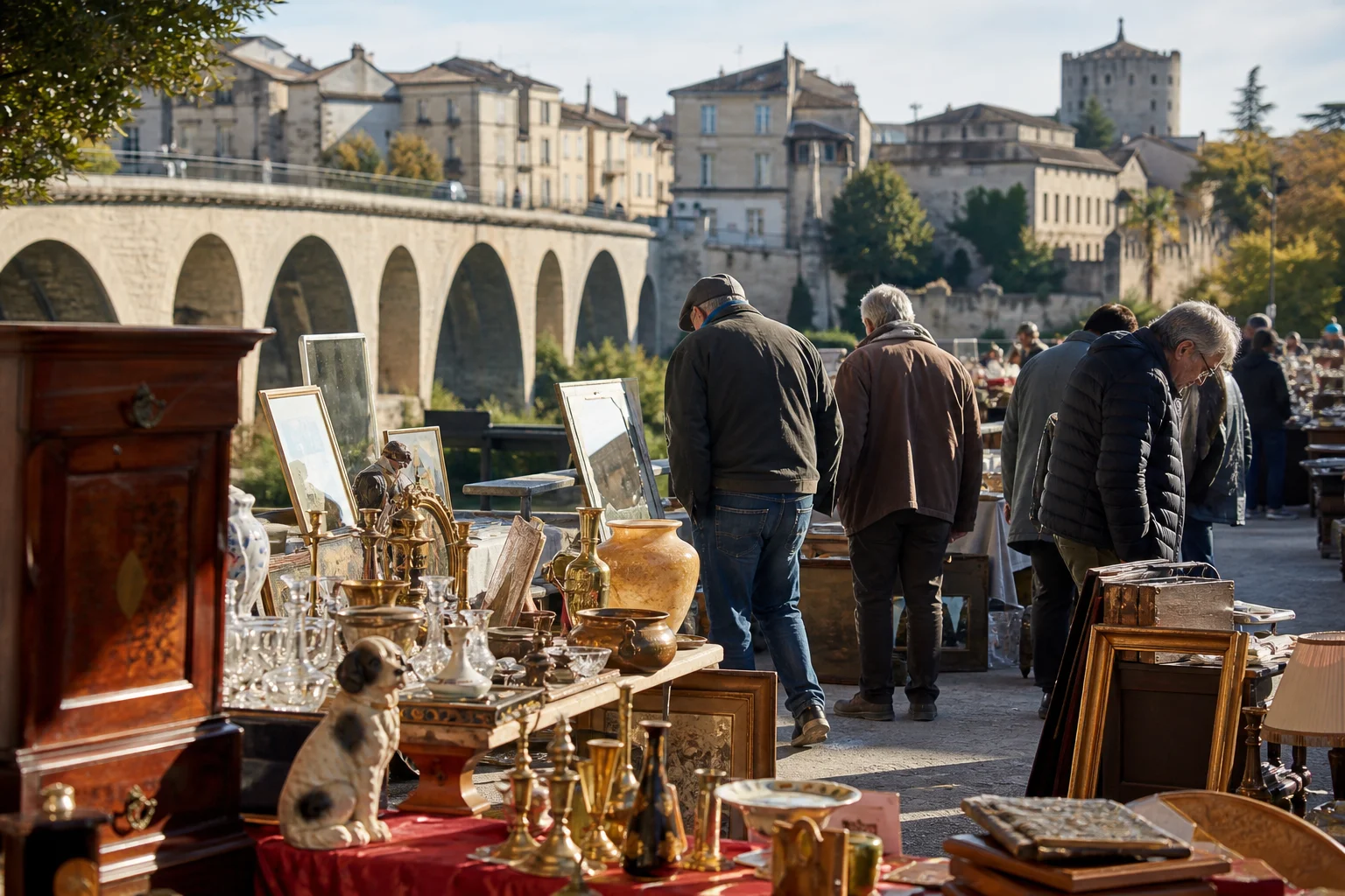 shoppers browsing antique and vintage market stalls at Brocante de Sommière in France