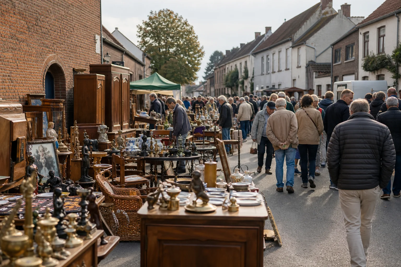 shoppers browsing antique and vintage market stalls at Brocante de Temploux in Belgium