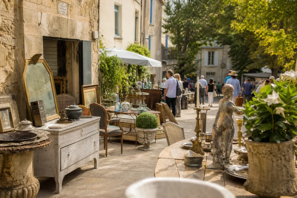 shoppers browsing antique and vintage market stalls at Brocante d’Eygalières in Provence