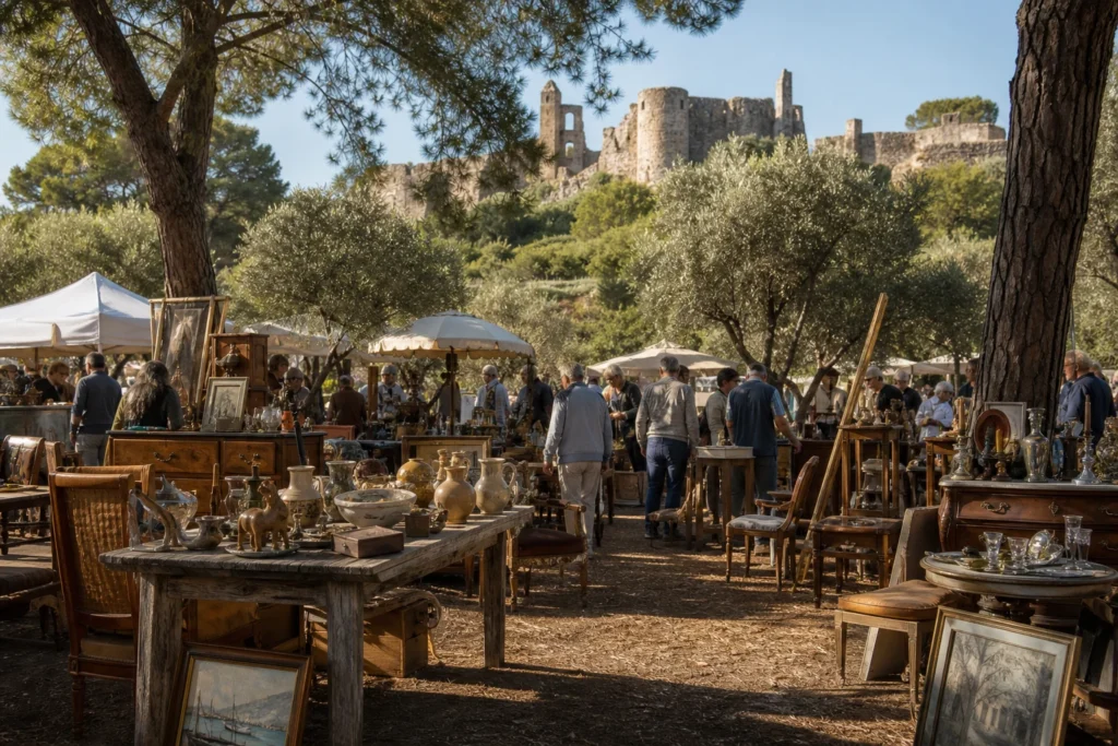 shoppers browsing antique and vintage market stalls at Brocante du Jas des Robert in Provence