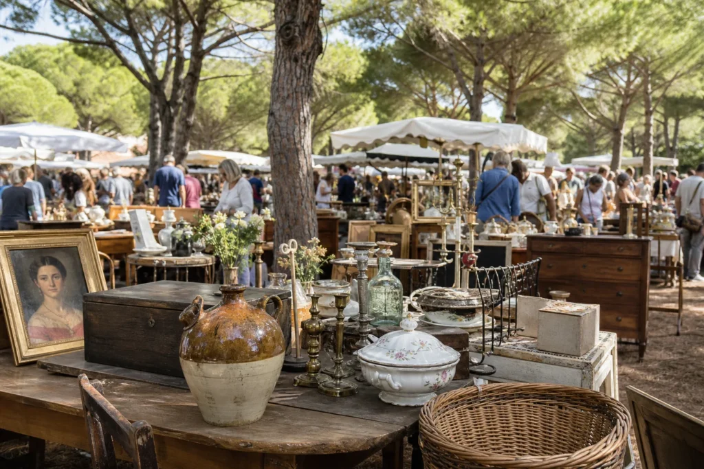shoppers browsing antique and vintage market stalls at Brocante du Mas de Bagatin in France, Provence