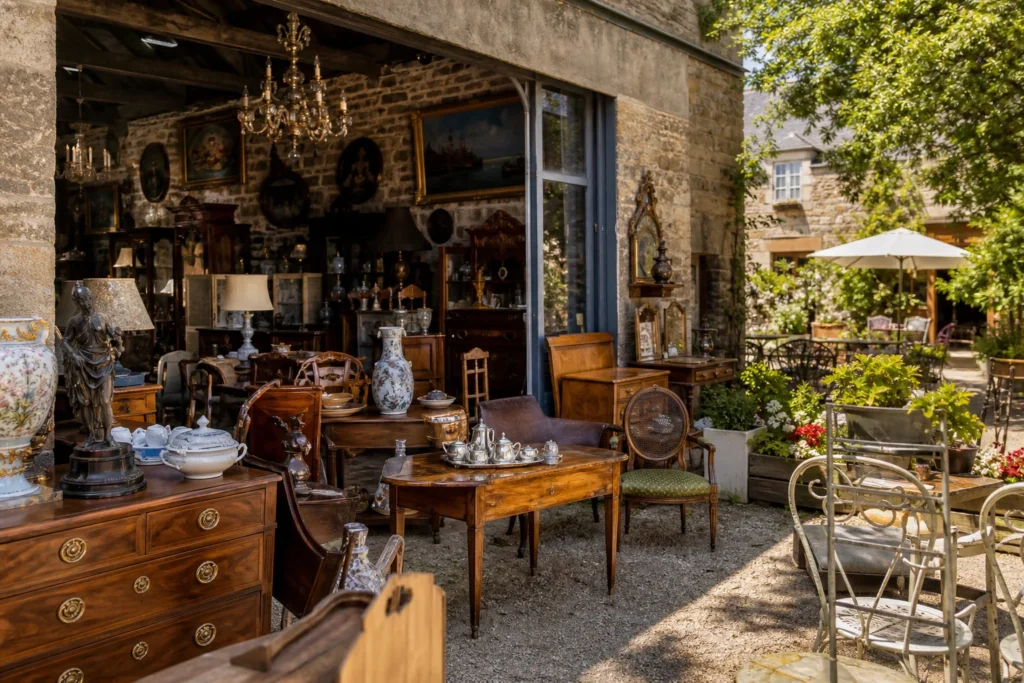 shoppers browsing antique and vintage market stalls at Brocante et Antiquités de Callac in France