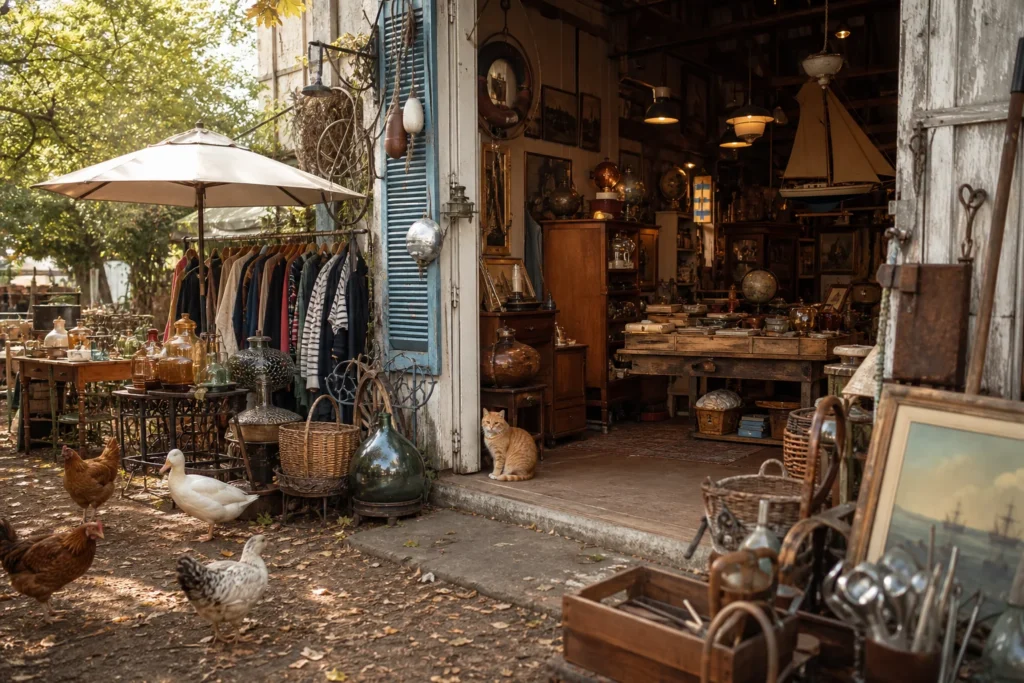 shoppers browsing antique and vintage market stalls at Brocante Le Cabaret in France