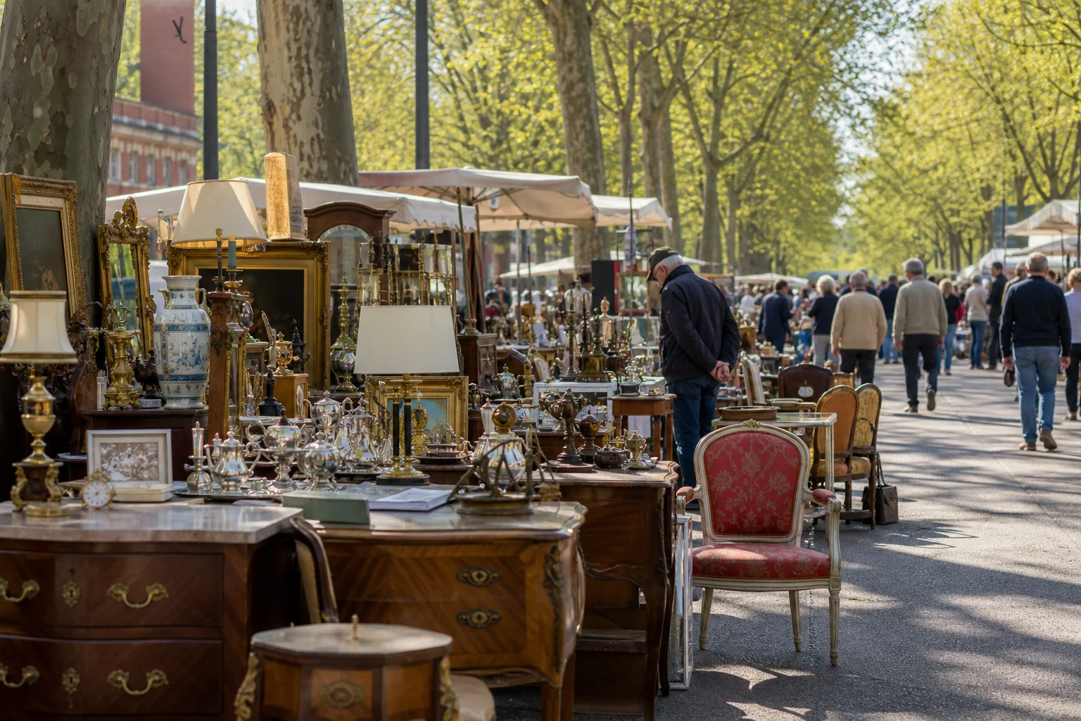 shoppers browsing antique and vintage market stalls at Brocante les Allées François Verdier in France