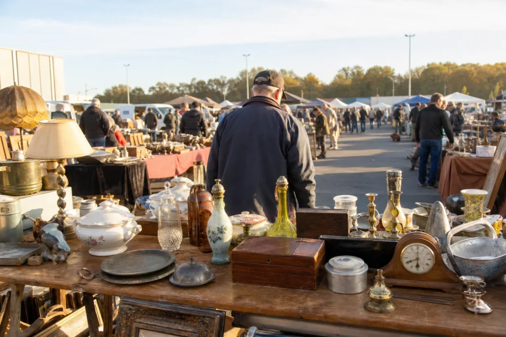 shoppers browsing antique and vintage market stalls at Brocante Les Bastions in Belgium