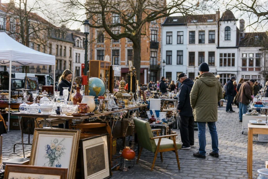 shoppers browsing antique and vintage market stalls at Brocante Place Saint-Denis in Belgium