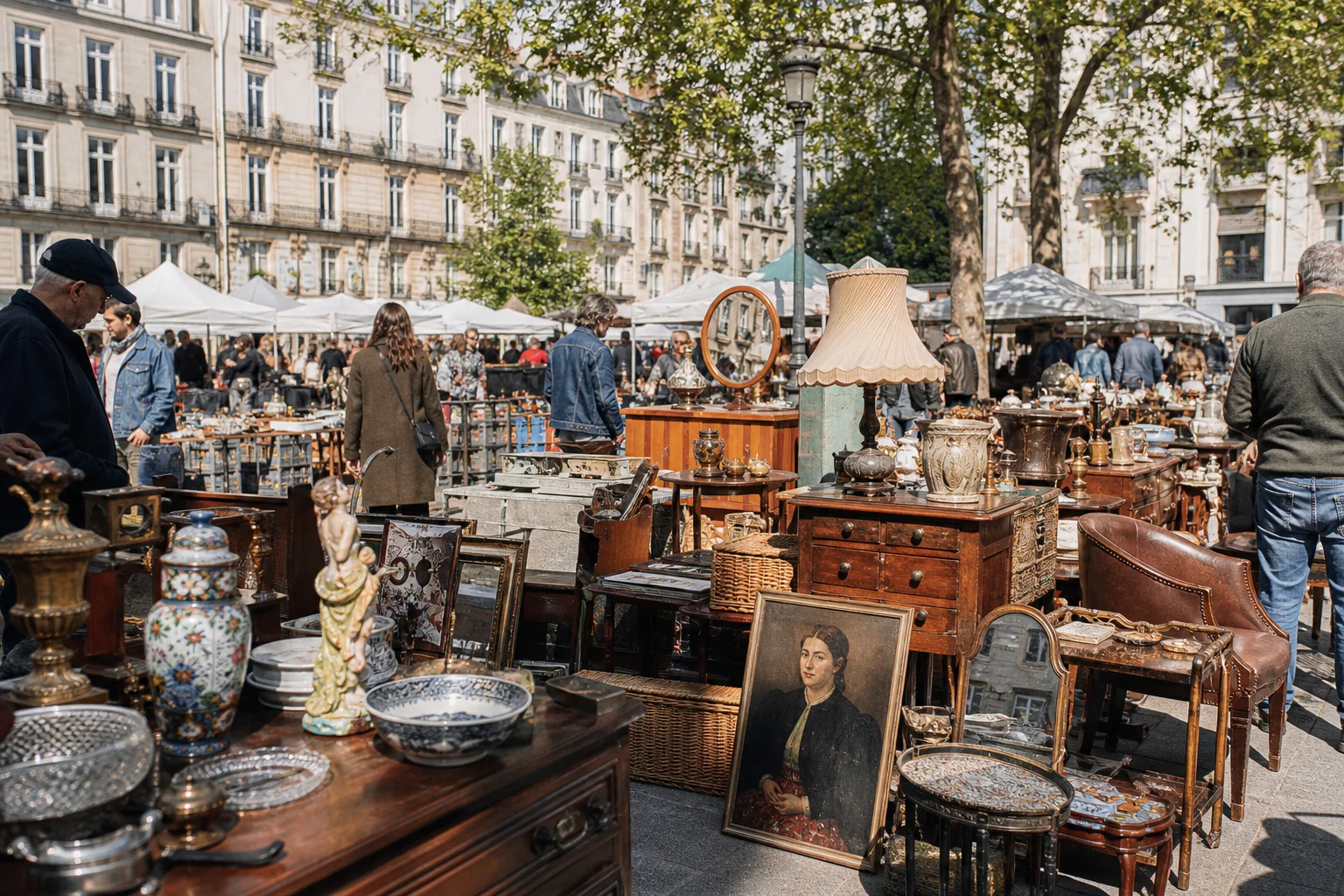 shoppers browsing antique and vintage market stalls at Brocante Place Viarme in France