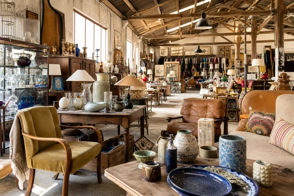 shoppers browsing antique and vintage market stalls at Brocante Saint Michel in France