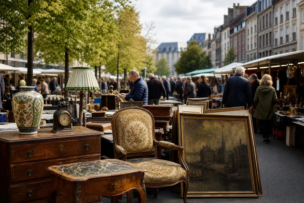 shoppers browsing antique and vintage market stalls at Brocante Saint Pholien in Belgium