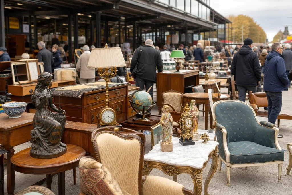 shoppers browsing antique and vintage market stalls at Brocante Westland d’Anderlecht in Belgium