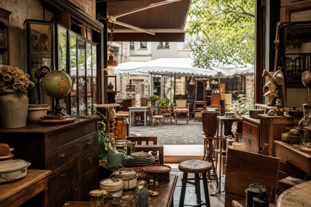 shoppers browsing antique and vintage market stalls at Brocantes du carré Popincourt in France, Paris