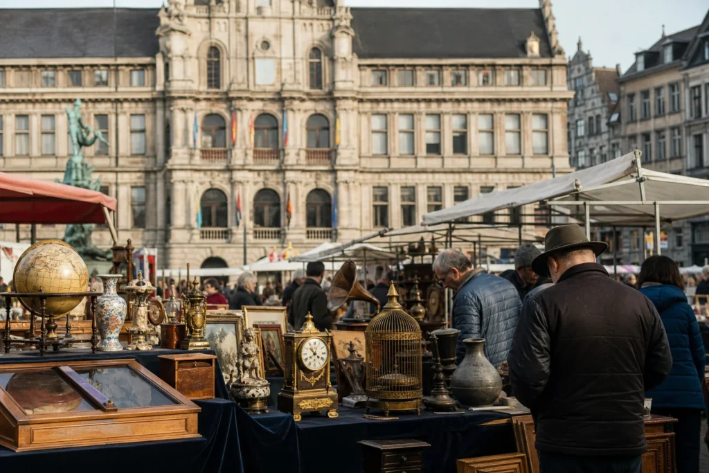 shoppers browsing antique and vintage market stalls at BrocAntwerpen in Belgium