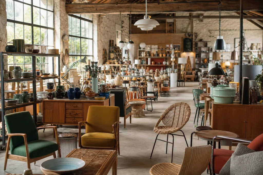 shoppers browsing antique and vintage market stalls at Brocboutik in France, Perche
