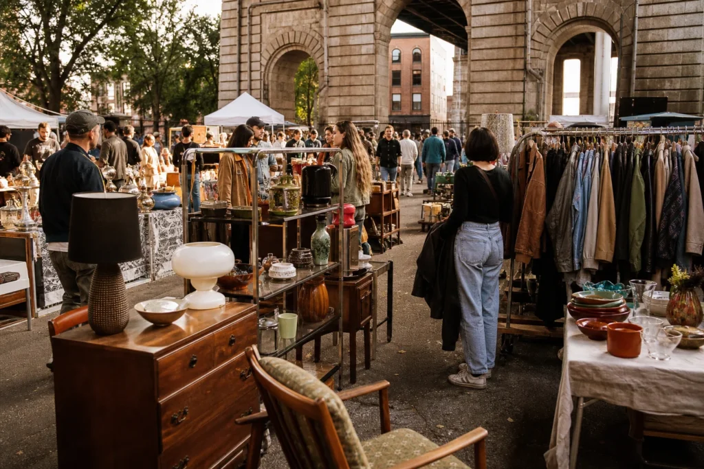 shoppers browsing antique and vintage market stalls at Brooklyn Flea in New York City, New York State