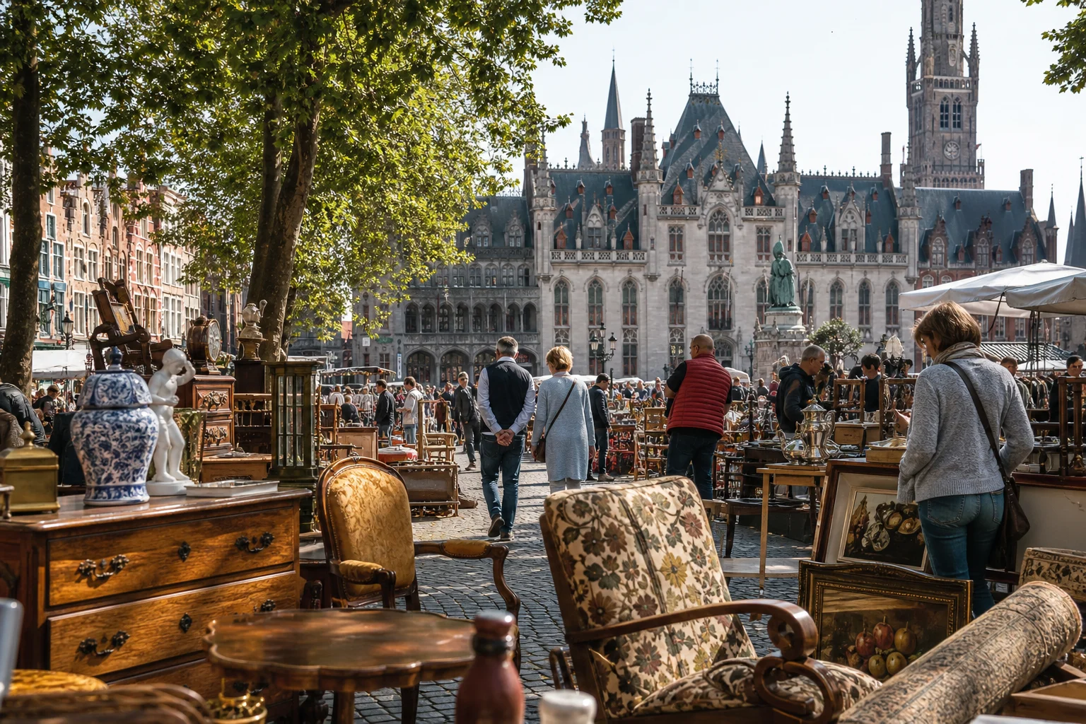 shoppers browsing antique and vintage market stalls at Bruges Zandfeesten in Belgium