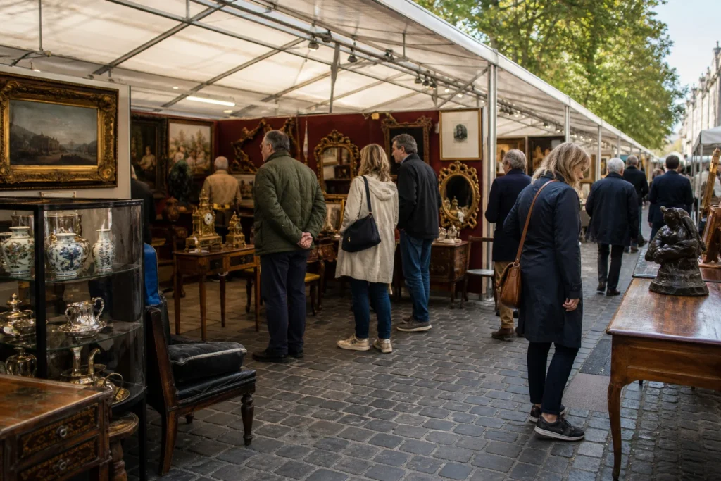 shoppers browsing antique and vintage market stalls at Brussels Art Square in Belgium