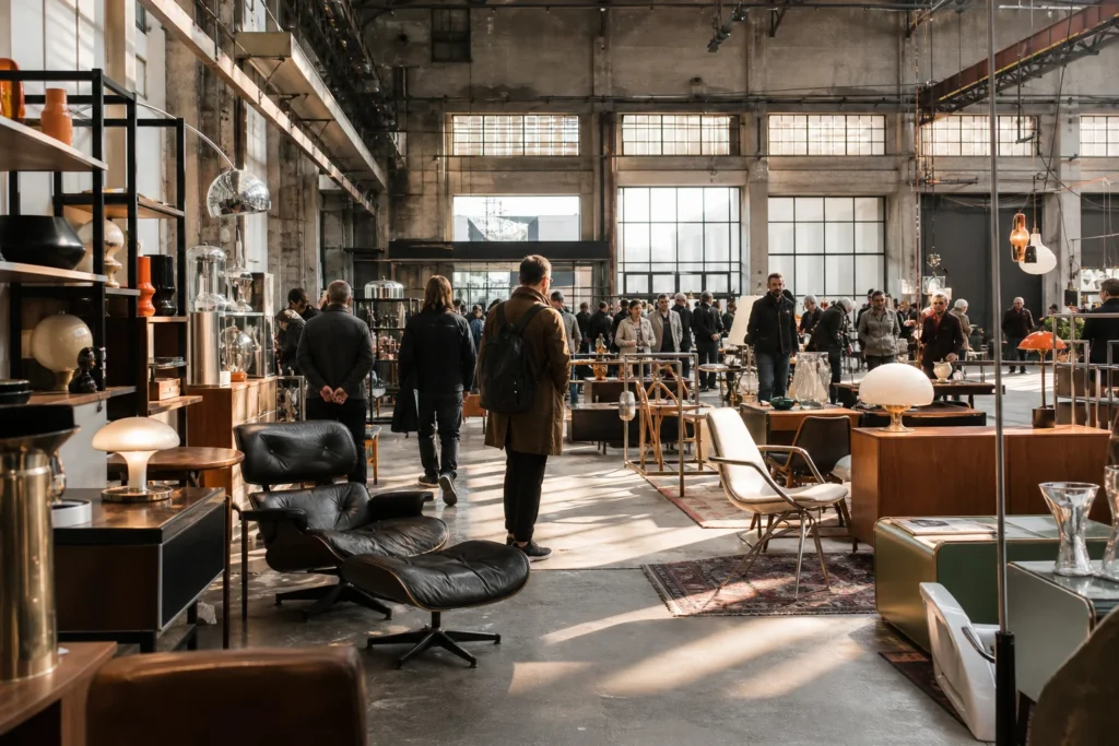 shoppers browsing antique and vintage market stalls at Brussels Design Market in Belgium