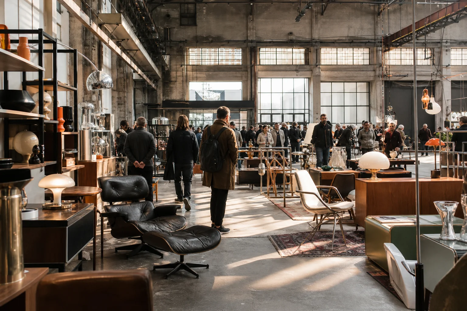 shoppers browsing antique and vintage market stalls at Brussels Design Market in Belgium