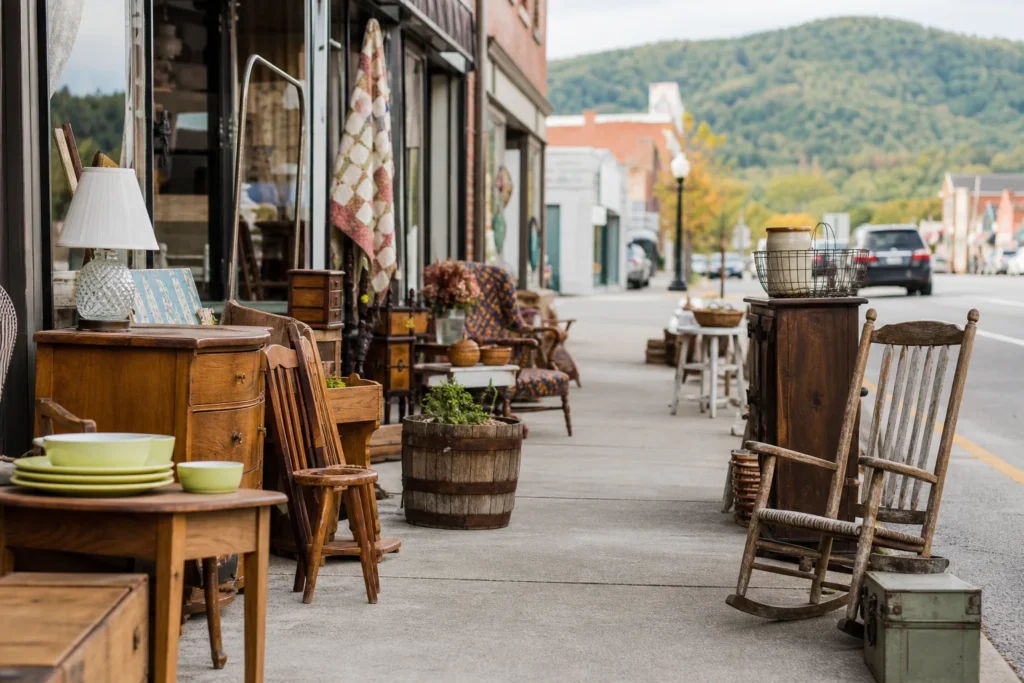 shoppers browsing antique and vintage market stalls at Buchanan Antique District in Virginia