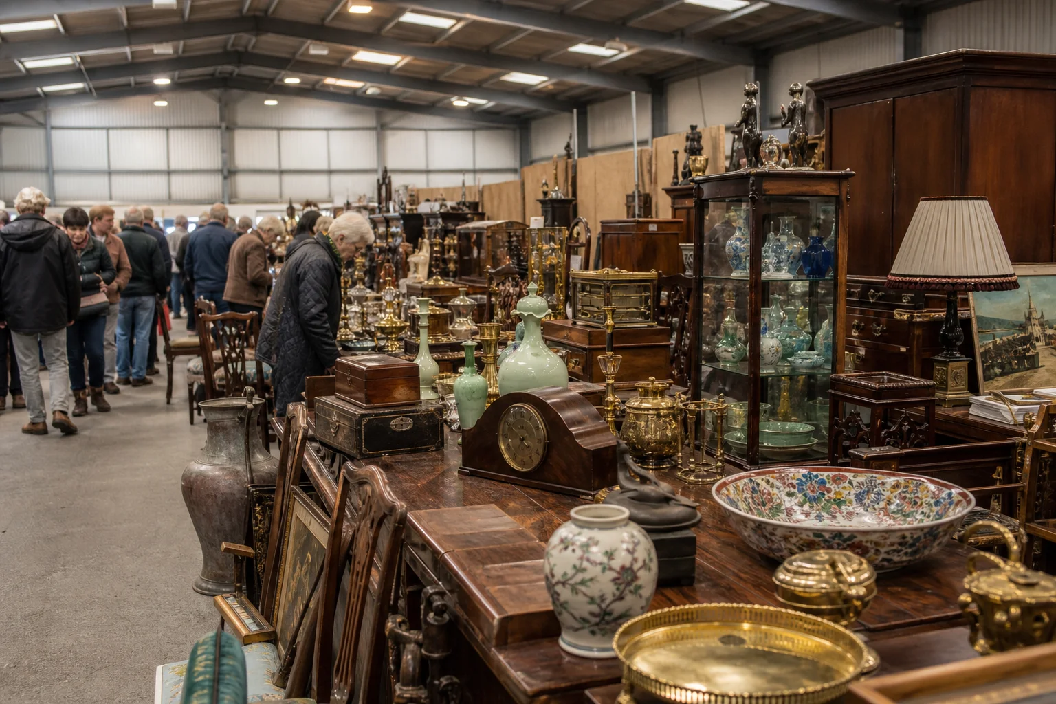 shoppers browsing antique and vintage market stalls at Builth Wells International Antiques and Collectors Fair in United Kingdom