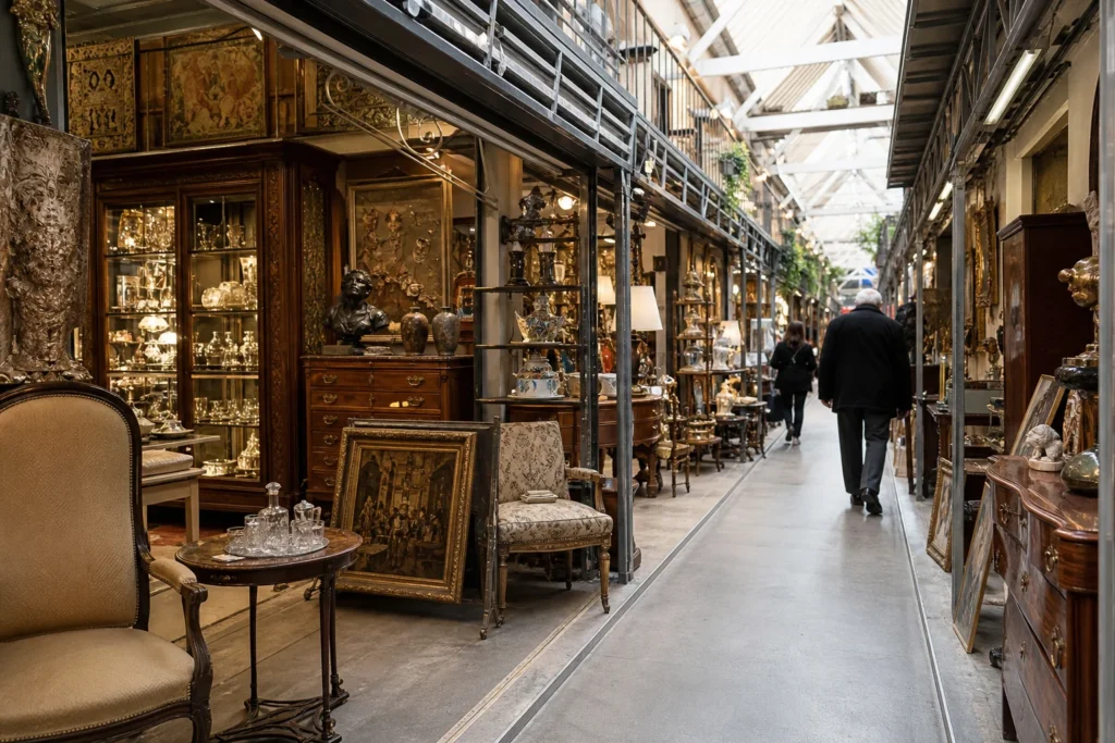 shoppers browsing antique and vintage market stalls at Bulevard dels Antiquaris in Spain
