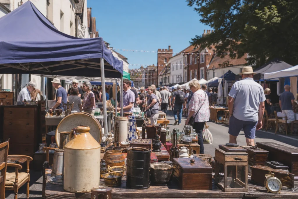 shoppers browsing antique and vintage market stalls at Bungay Antiques Street Fair in United Kingdom
