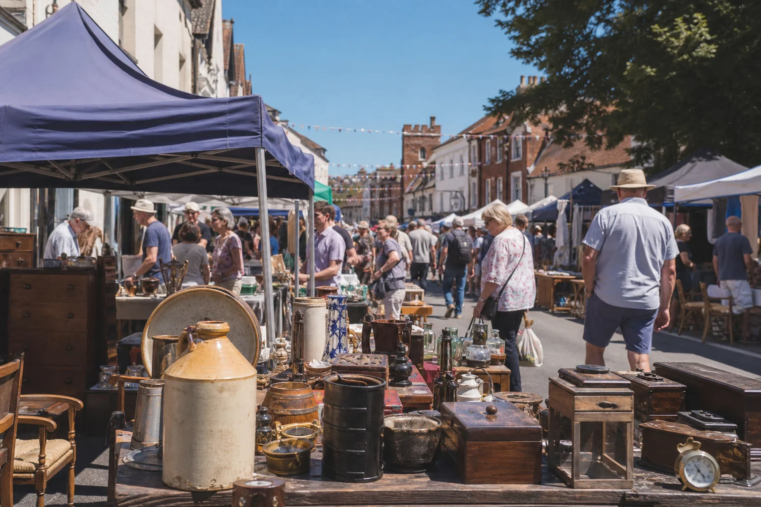 shoppers browsing antique and vintage market stalls at Bungay Antiques Street Fair in United Kingdom