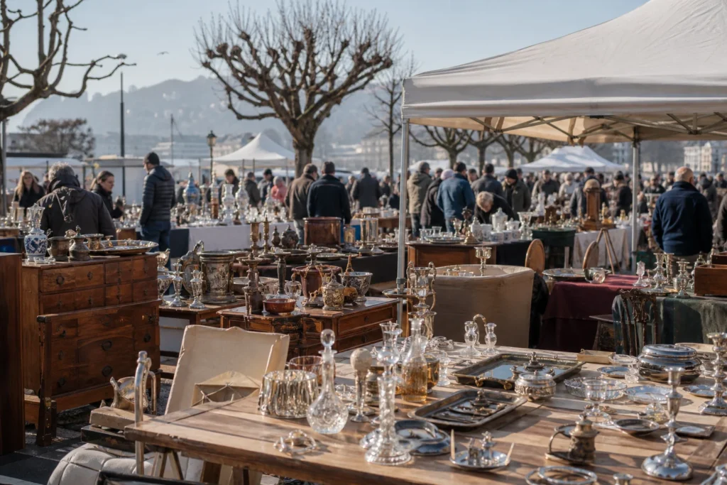shoppers browsing antique and vintage market stalls at Bürkliplatz Flohmarkt in Switzerland