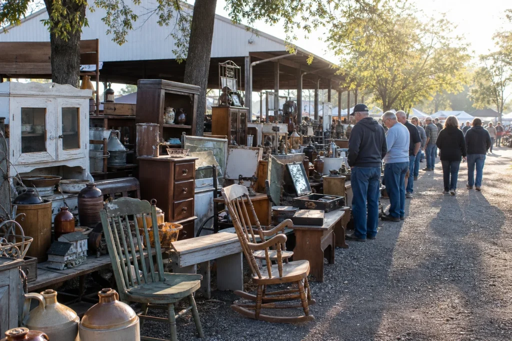 shoppers browsing antique and vintage market stalls at Burlington Antique Show in Kentucky