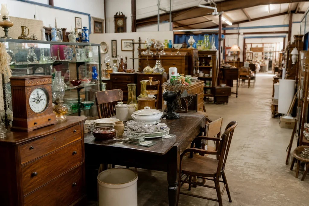 shoppers browsing antique and vintage market stalls at Cackleberry Farm Antique Mall in Pennsylvania