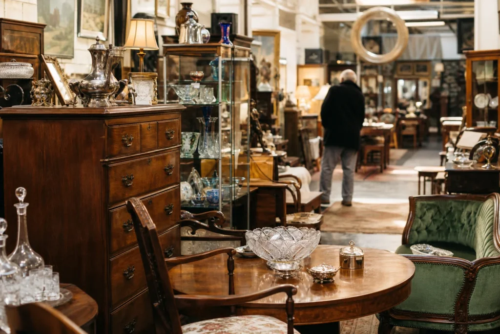 shoppers browsing antique and vintage market stalls at Camberwell Antique Centre in Melbourne, Victoria