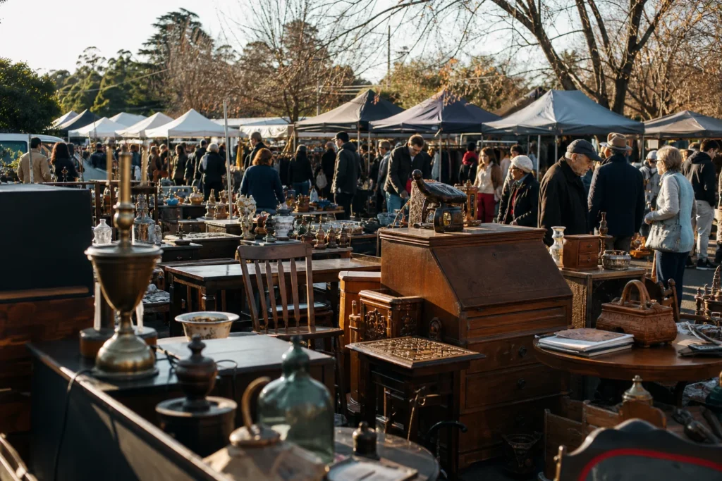 shoppers browsing antique and vintage market stalls at Camberwell Sunday Market in Melbourne, Victoria