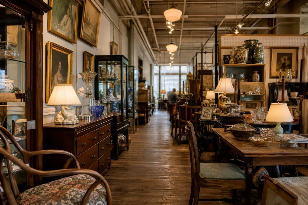shoppers browsing antique and vintage market stalls at Cambridge Antique Market in Massachusetts