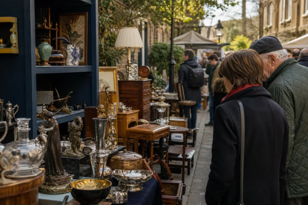 shoppers browsing antique and vintage market stalls at Camden Passage in London