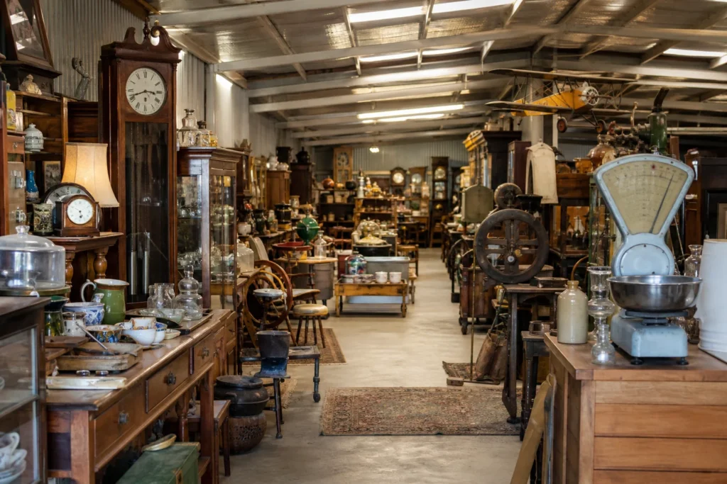shoppers browsing antique and vintage market stalls at Cammies Antiques in South Australia
