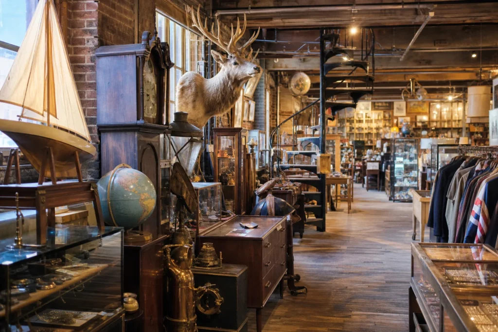 shoppers browsing antique and vintage market stalls at Canal Street Antique Mall in Massachusetts
