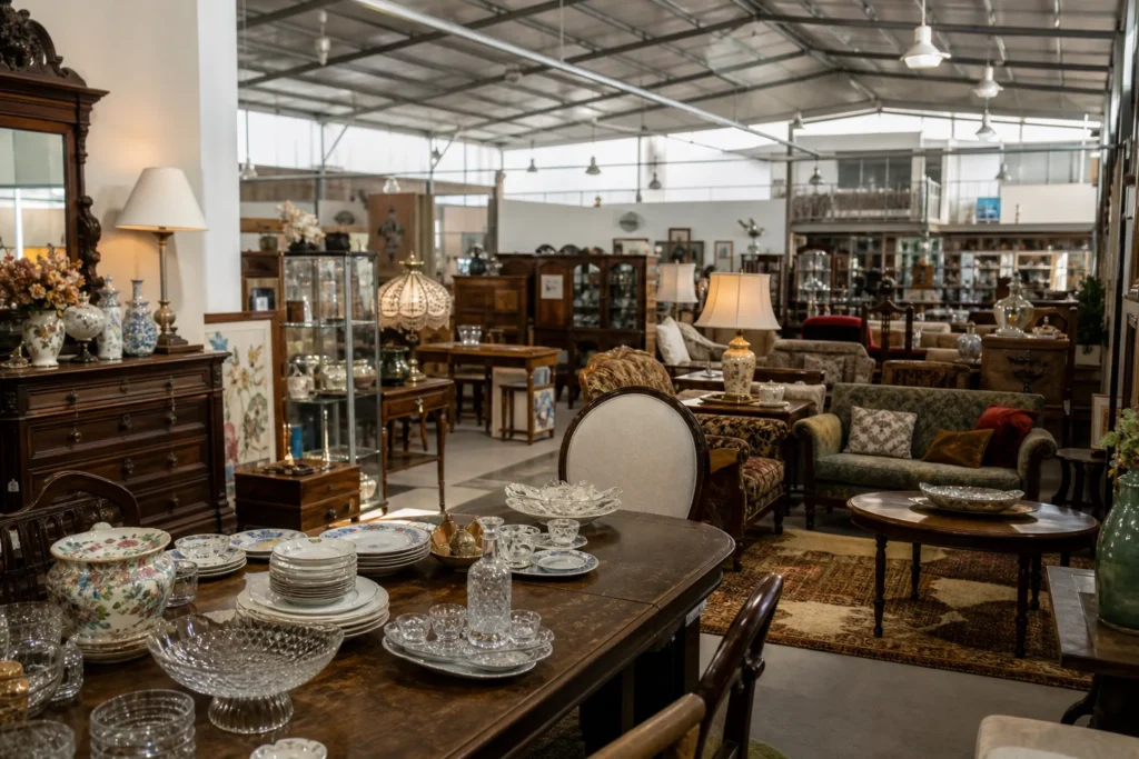 shoppers browsing antique and vintage market stalls at Canberra Antiques Centre in New South Wales