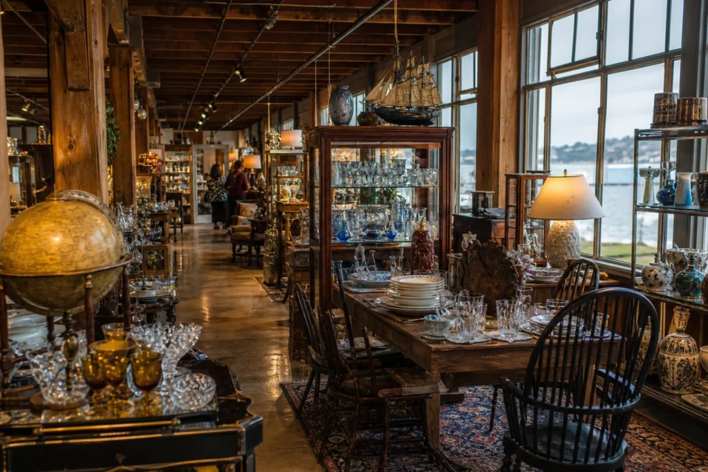 shoppers browsing antique and vintage market stalls at Cannery Row Antique Mall in California