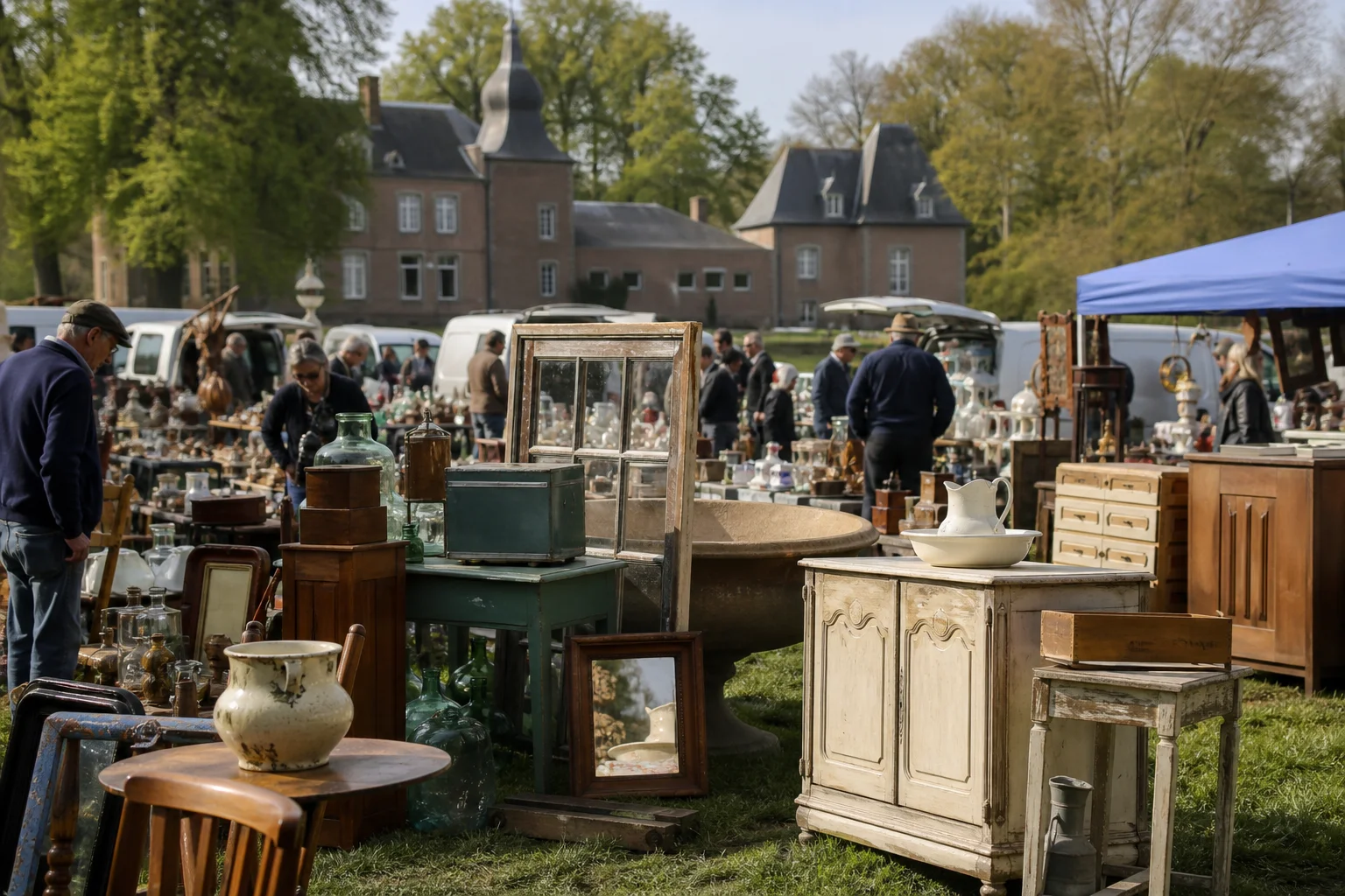 shoppers browsing antique and vintage market stalls at Carbootsale Horst in Netherlands