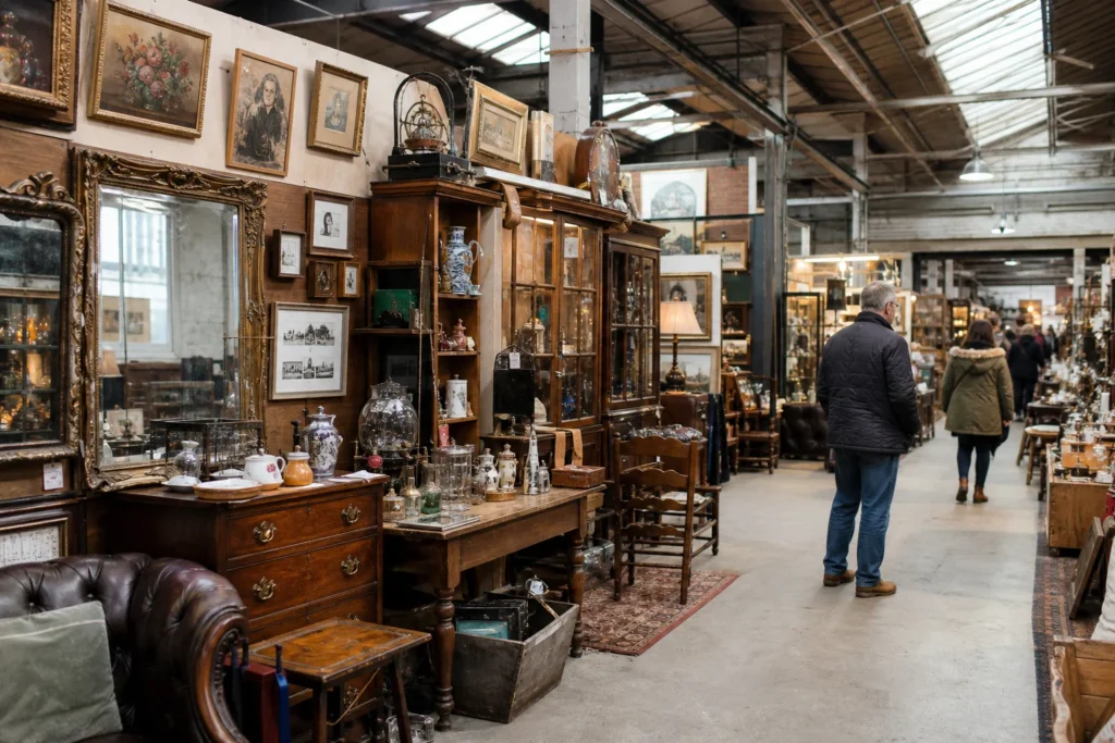 shoppers browsing antique and vintage market stalls at Cardiff Indoor Flea Market in United Kingdom