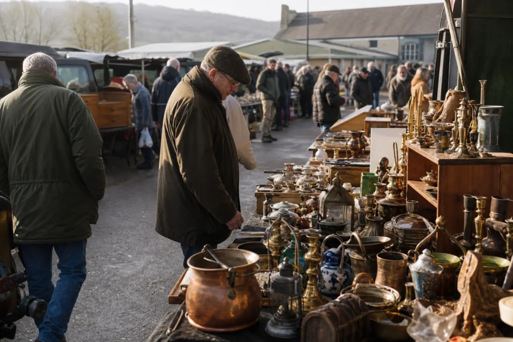 shoppers browsing antique and vintage market stalls at Carmarthen Antiques and Flea Market in United Kingdom