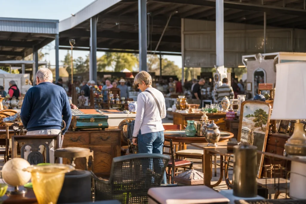 shoppers browsing antique and vintage market stalls at Carrara Market in Queensland