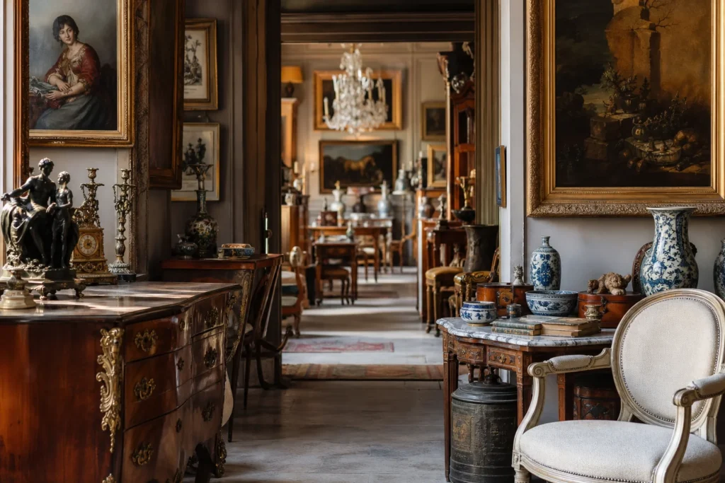 shoppers browsing antique and vintage market stalls at Carré Rive Gauche in Paris