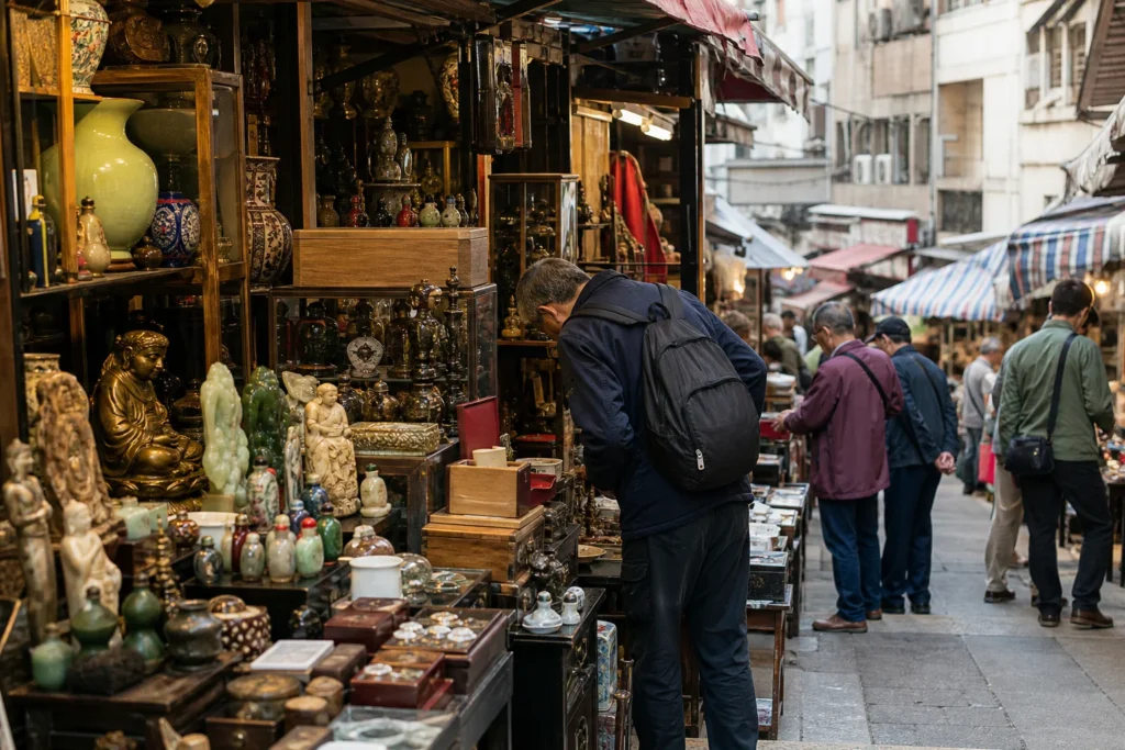shoppers browsing antique and vintage market stalls at Cat Street / Upper Lascar Row in China