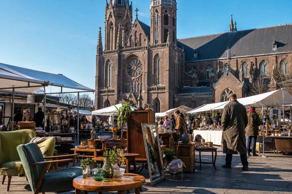 shoppers browsing antique and vintage market stalls at Catharina Market in Netherlands