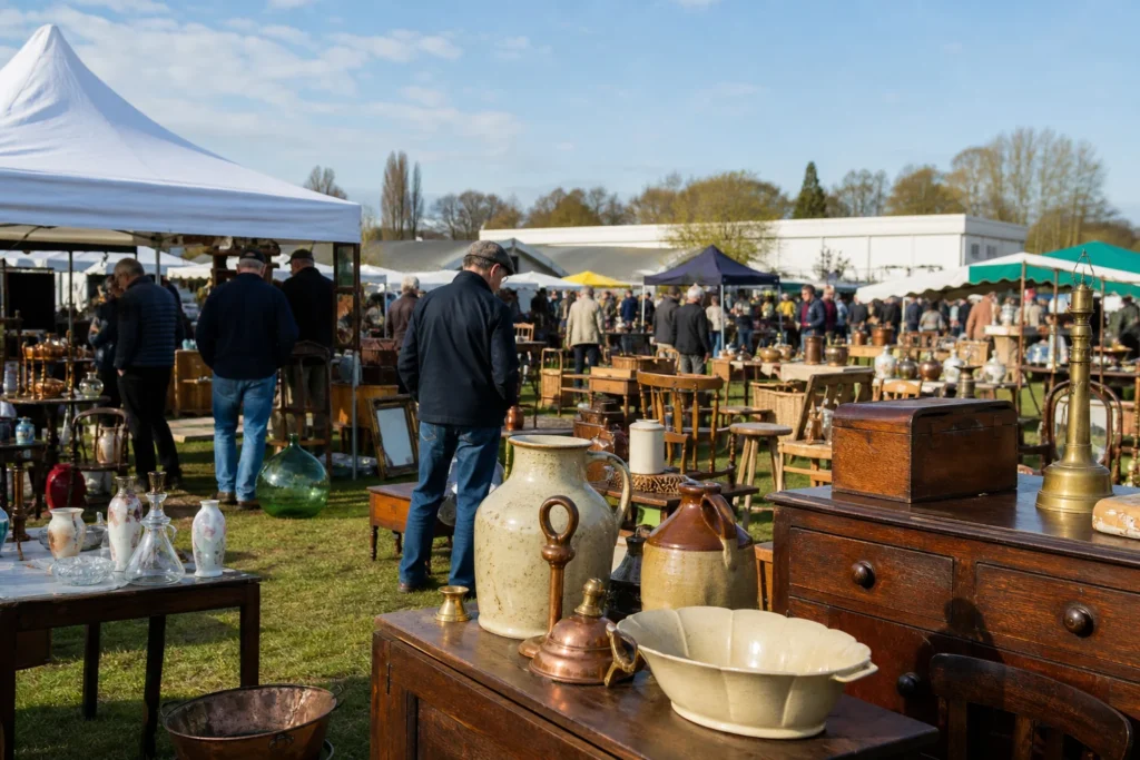 shoppers browsing antique and vintage market stalls at Celebration of Antiques at Stoneleigh in United Kingdom