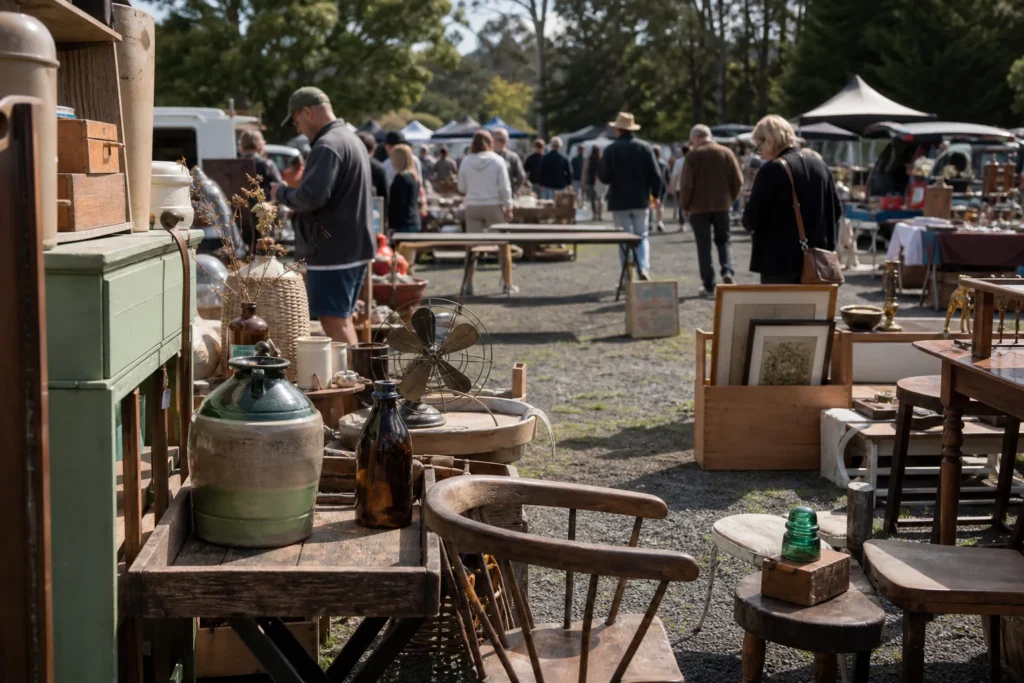 shoppers browsing antique and vintage market stalls at Central Flea Market in New Zealand