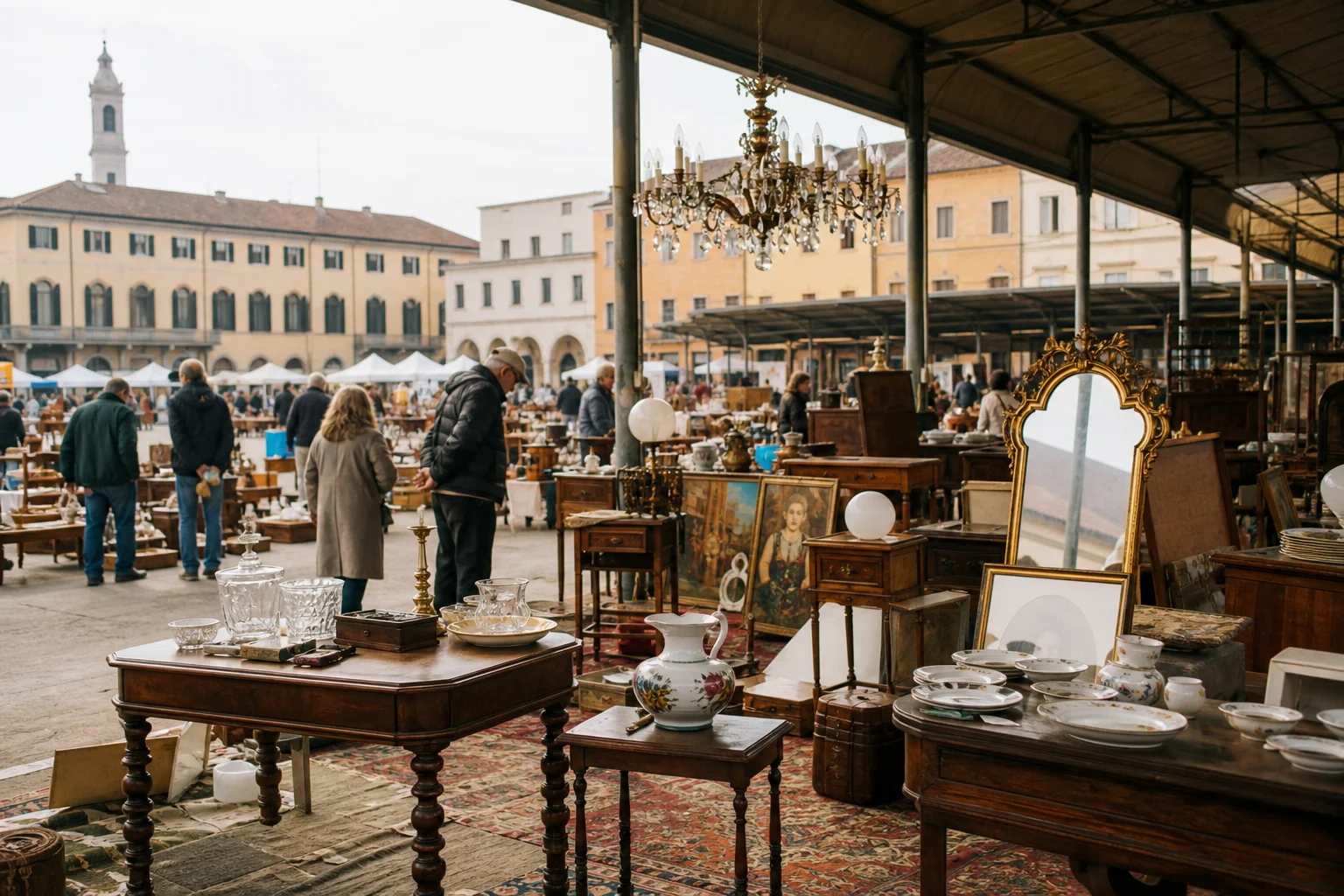 shoppers browsing antique and vintage market stalls at C’era una volta Gonzaga in Italy