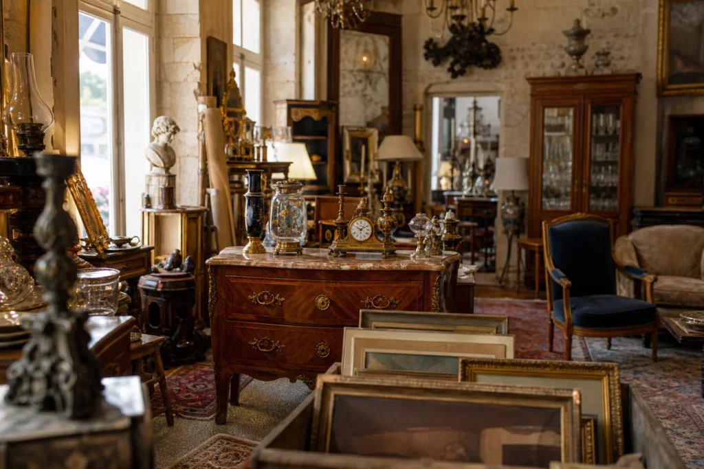 shoppers browsing antique and vintage market stalls at Chacon Antiquité in France